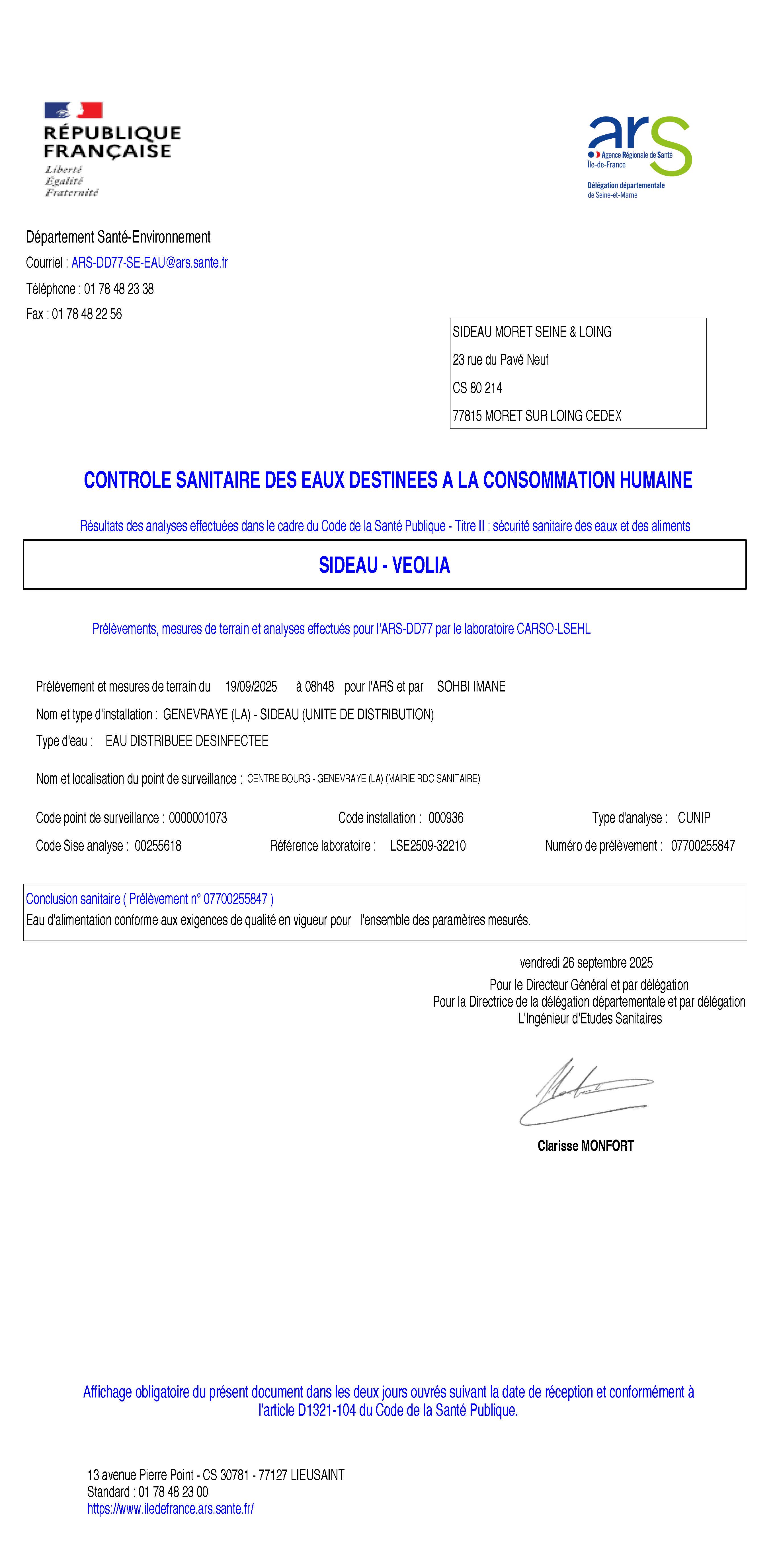 CONTROLE SANITAIRE DES EAUX DESTINEES A LA CONSOMMATION HUMAINE - LA GENEVRAYE